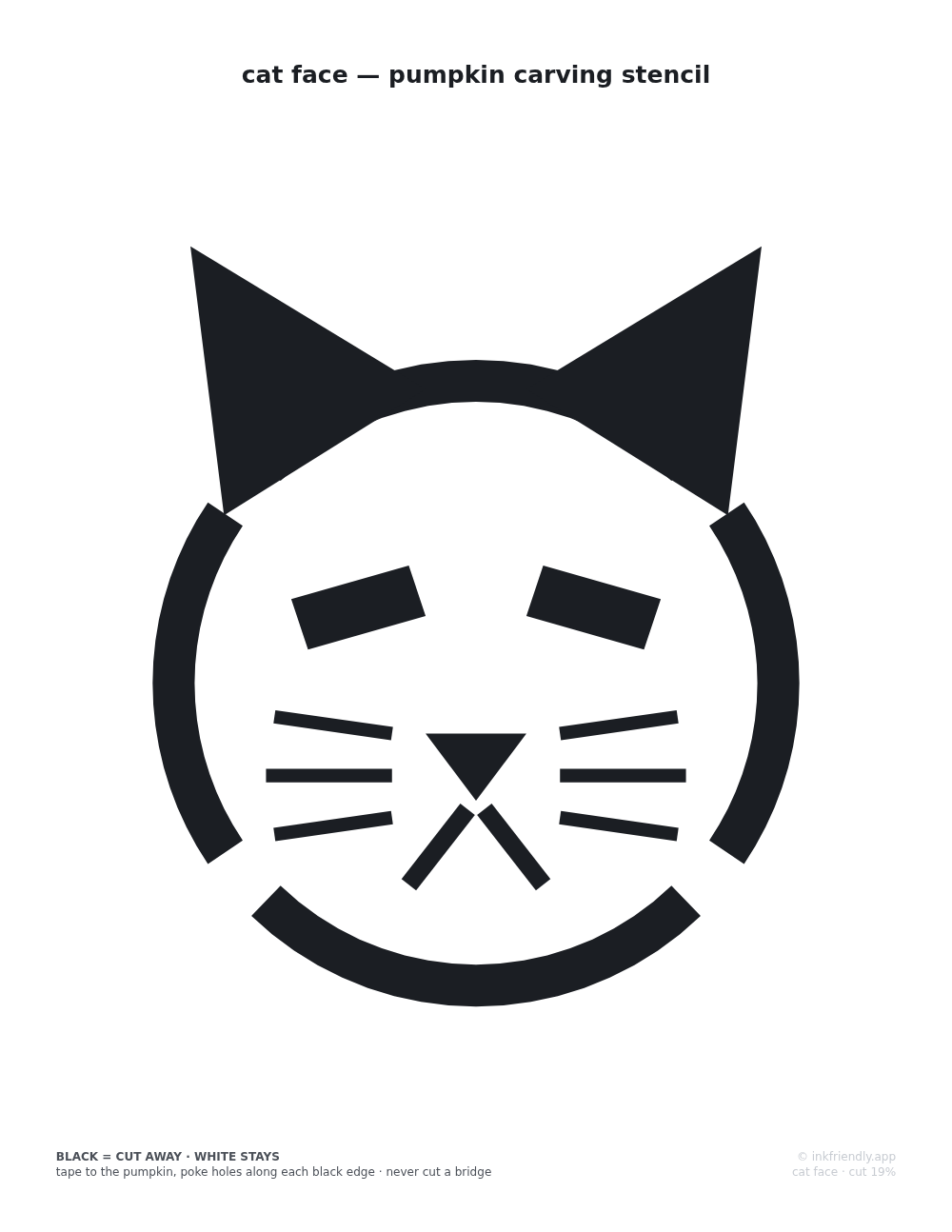 A printable pumpkin carving stencil of a front-on cat face with ears, whiskers and a bridged outline
